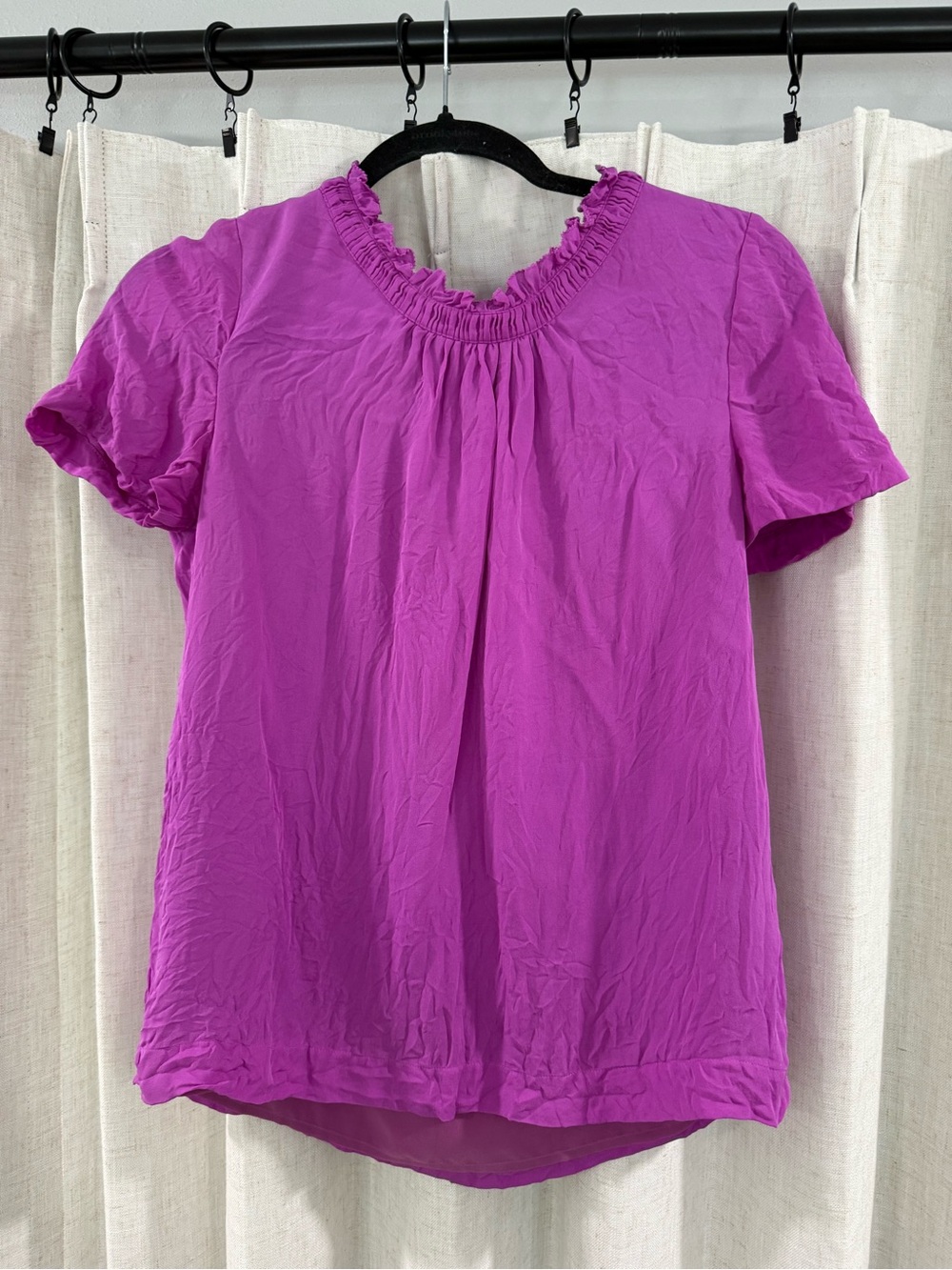 J Crew Women’s Short Sleeve Ruffled Neck Blouse in Fuchsia